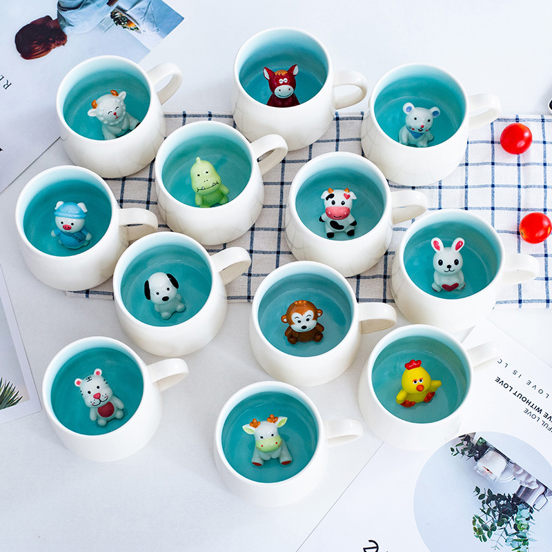 3d animal three-dimensional ceramic mug large capacity cup with spoon lid simple girl cartoon cup logo customization