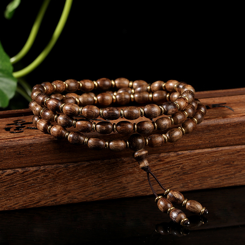 Indonesia Kalimantan Barrel Beads Melon Seed Beads Old Materials Agarwood Bracelet 68 Men and Women Buddha Beads Bracelet Mx010