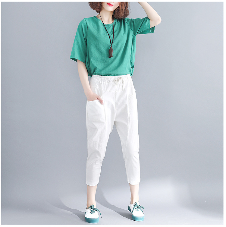 实拍2020新品夏装新款加肥加大文艺松紧腰抽绳棉麻休闲裤七分女裤