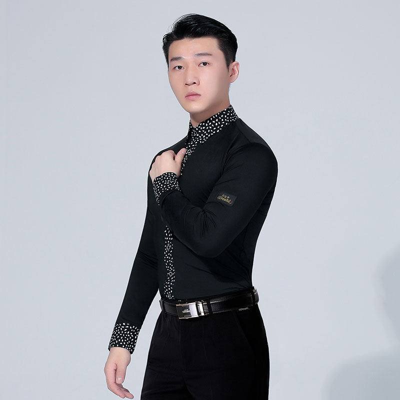 摩登舞衬衫男成年拉丁舞长袖练功服黑色国标舞上衣表演服装