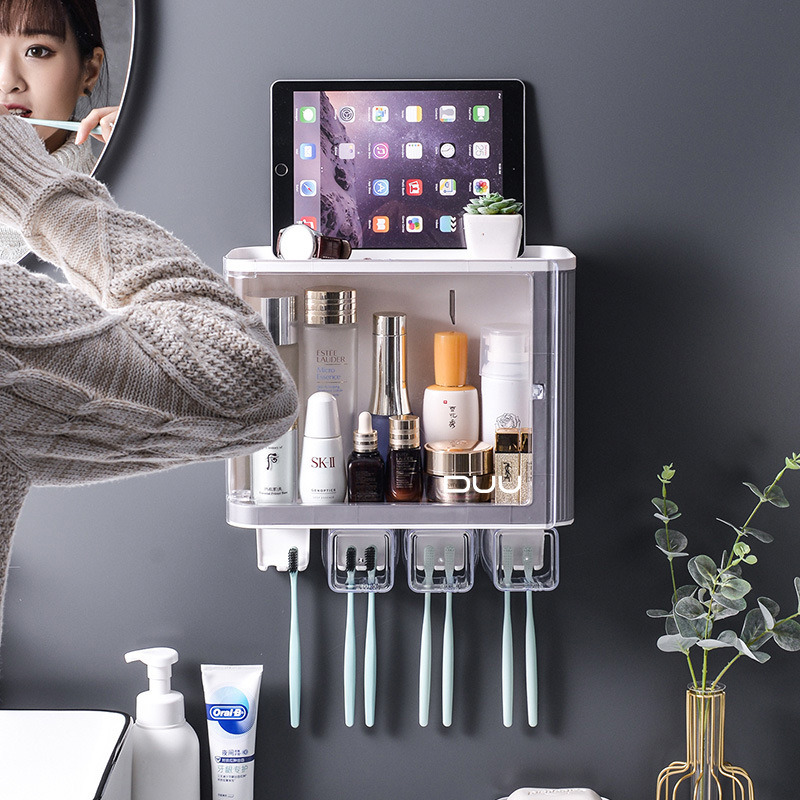 New Wall-Mounted Toothbrush Storage Rack Bathroom Cosmetics Plastic Pp Transparent Storage Rack Punch-Free Organizing Rack Wholesale