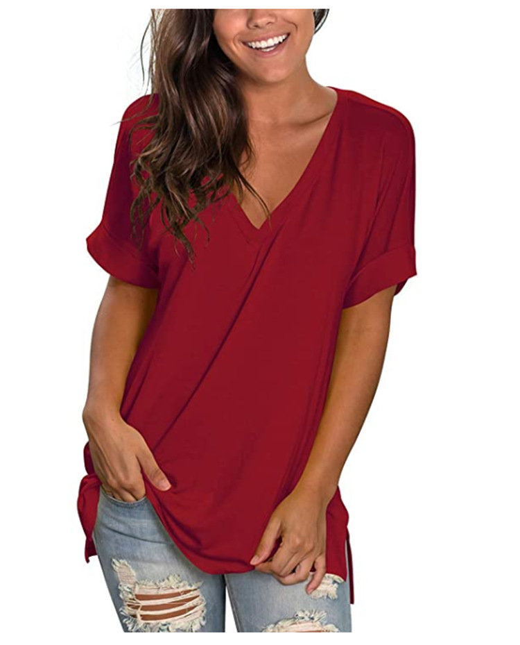 亚马逊爆款2020春夏新款女装前胸v领短袖宽松t恤 跨境现货