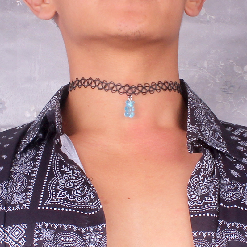 镂空纹身编织鱼线弹力糖果色小熊项链嘻哈七色小熊项圈欧美饰品