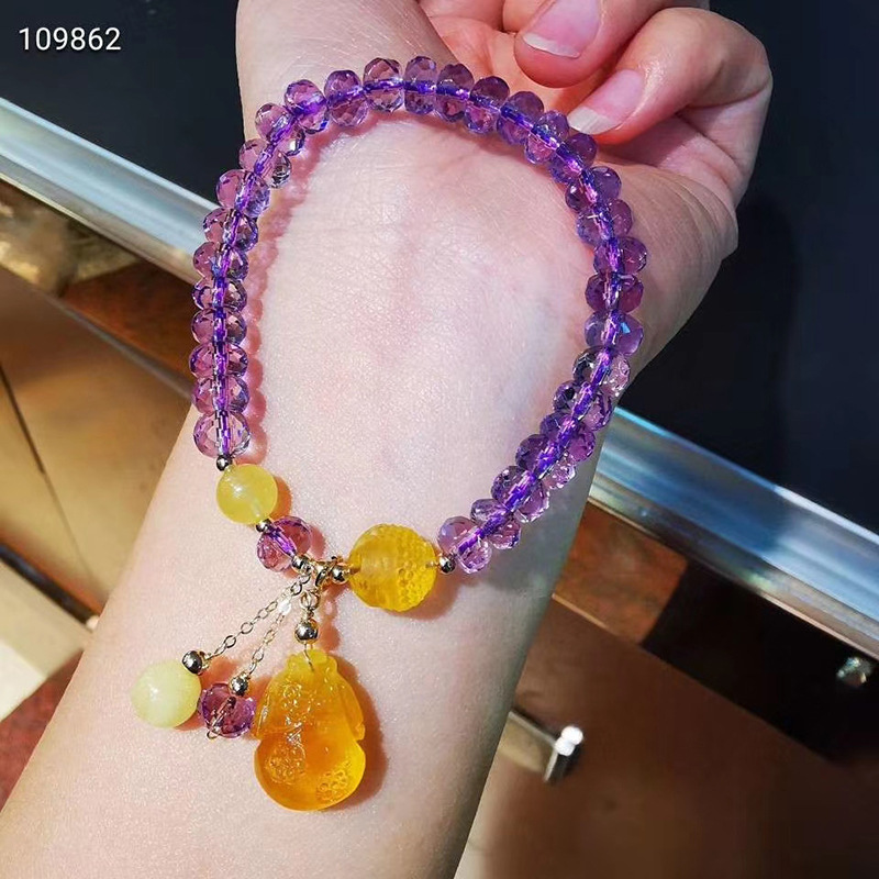 自然紫水晶盘珠手链搭配自然蜜蜡吊坠时尚典雅手串手环