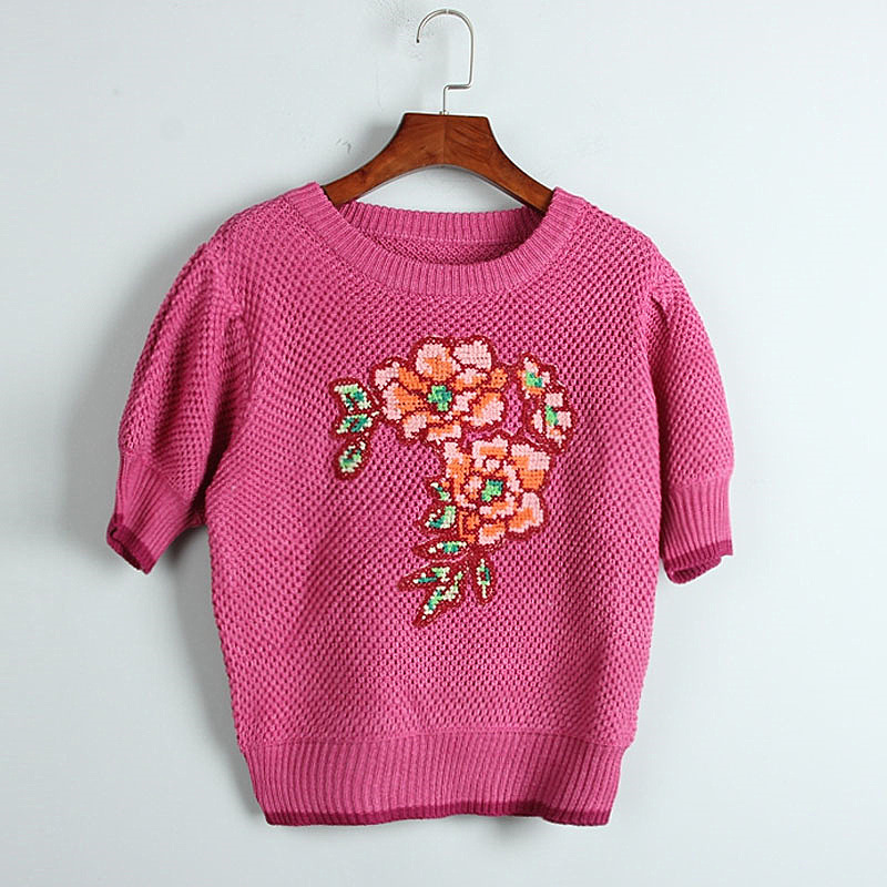 0成交4件相似港风复古针织衫女重工玫瑰花朵刺绣撞色毛衣外套2021秋装