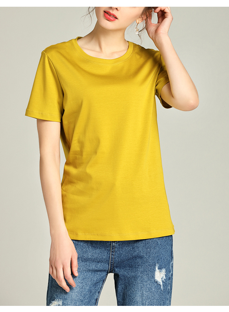 白色t恤女 2020新款纯棉80支丝光棉t恤女短袖v领宽松纯色简约体恤