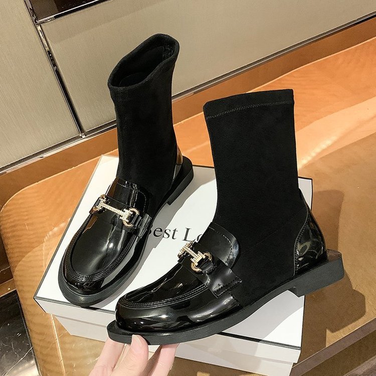 韩版弹力小皮鞋袜靴女透气长筒秋季平跟短靴平底连袜靴黑色袜子靴