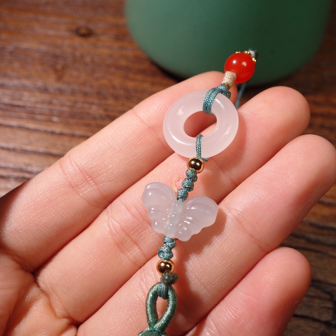 新疆和田白玉羊脂玉包挂古风流苏手机挂坠手工编织平安环 配证书