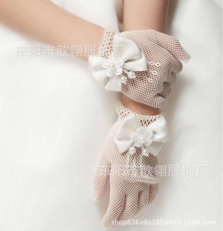 Children's Wedding Dress Princess Mesh Etiquette Bow Gloves Elastic Flower Girl Wedding White Gloves Self-Produced and Self-Sold