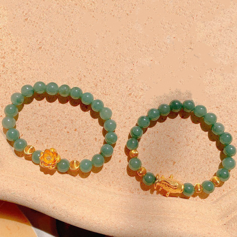 999足金莲花富贵鱼纯金锦鲤黄金手链翡翠玉珠手串24k猫眼金珠首饰