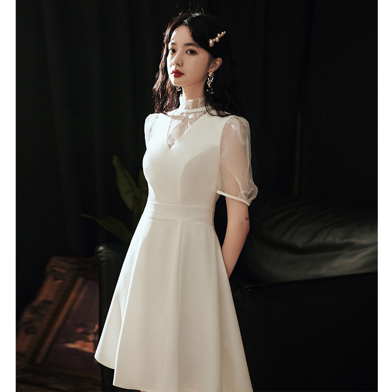 白色小个子晚礼服女宴会气质短款平时可穿端庄简单大方名媛连衣裙
