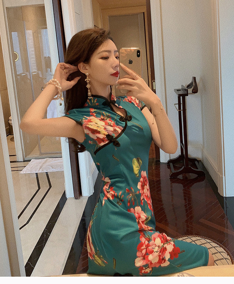 改良旗袍夏季新款镂空性感修身显瘦包臀开叉印花复古中国风连衣裙