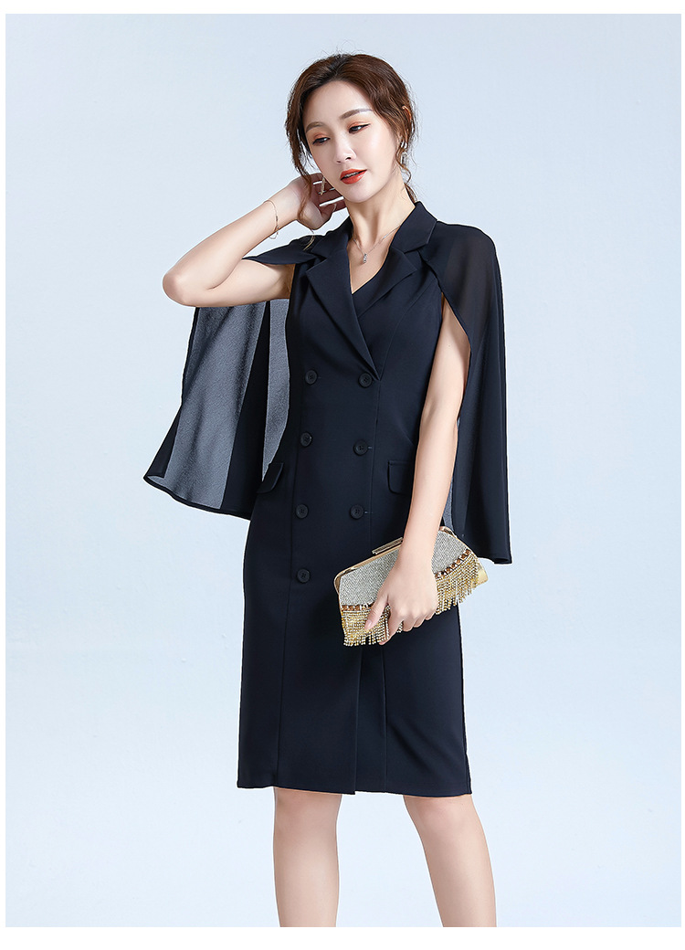 2020夏季新款女装飞飞袖西装领中款连衣裙高腰双排扣拼接西装裙女