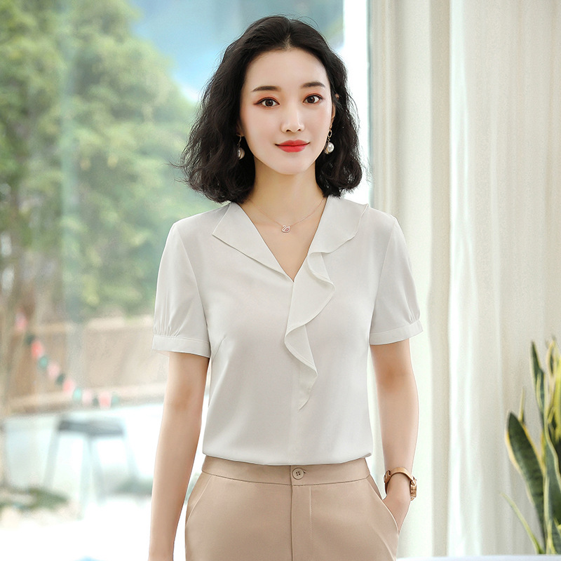 职业短袖v领衬衫女新款2020夏季韩版气质白领酒店前台工装工作服