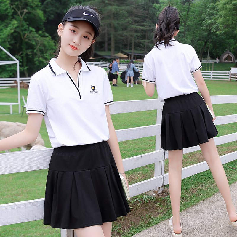 初中生夏装女2020新款学院风polo衫百褶裙半身短裙少女运动两件套