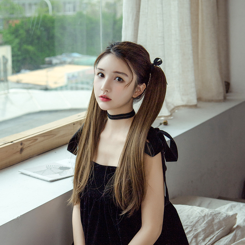 跨境 双马尾假发女长发lolita绑带式日系cos萝莉直发高马尾辫子