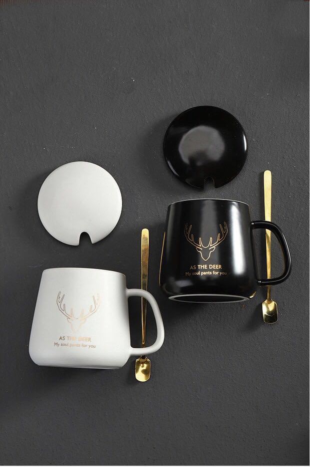 ins北欧鹿头陶瓷杯马克杯时尚简约咖啡杯情侣对杯配盖勺定制logi
