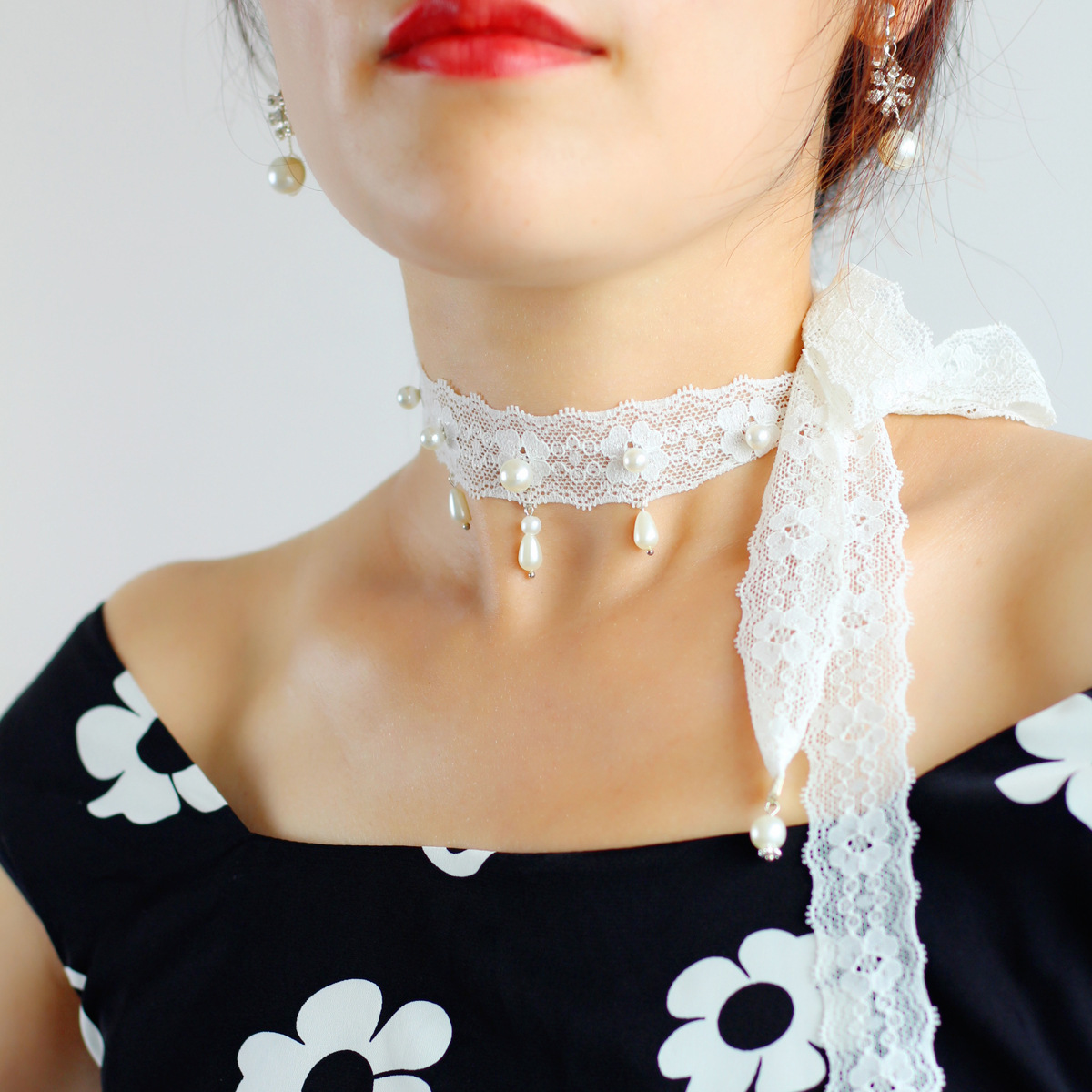 日韩蕾丝珍珠长款颈带锁骨链 超仙甜美少女白色花朵气质项圈颈链