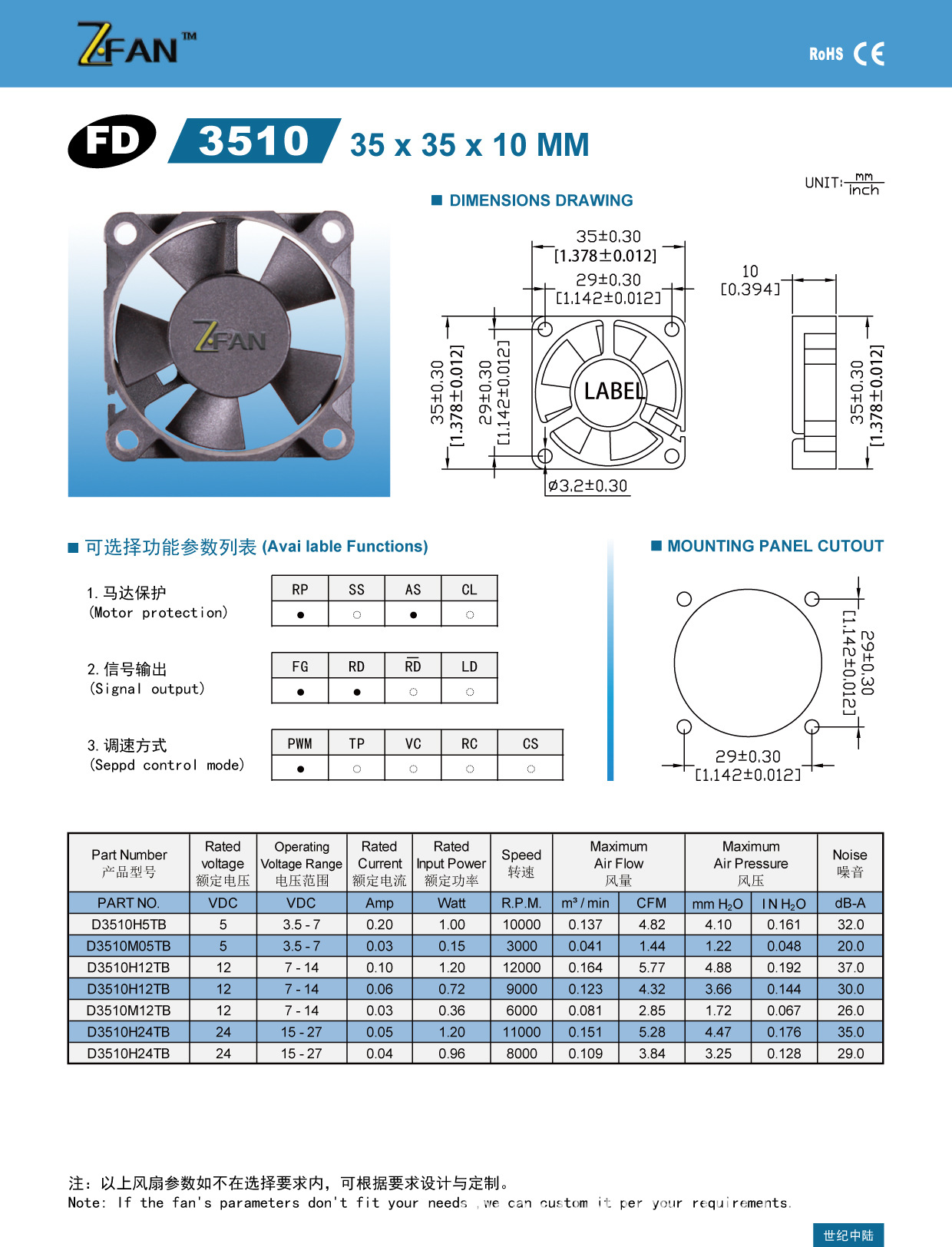 厂家直销 世纪中陆3510小型直流散热风扇 5v12v 含油轴承低静音
