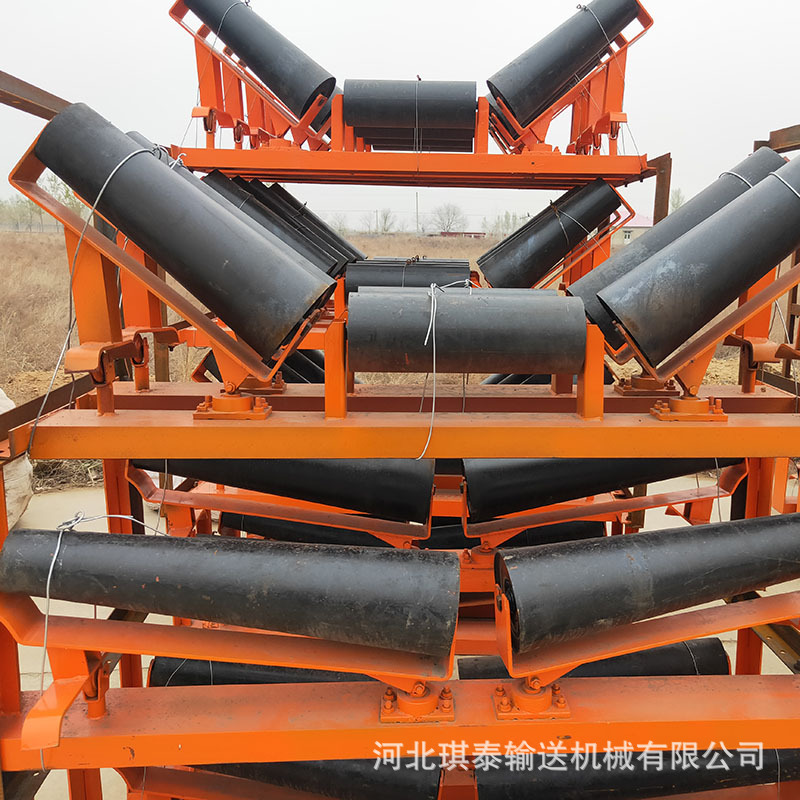 定制输送机托辊配件平行三联吊耳式托辊 档辊式锥形上调心托辊组