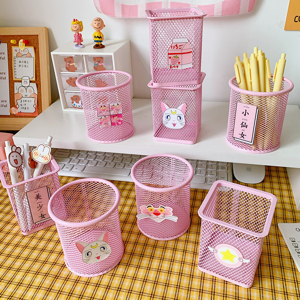 Japanese Style Sweet and Cute Girl Heart Pink Pen Holder Student Desktop Storage Organization Office Supplies Stationery Storage Container