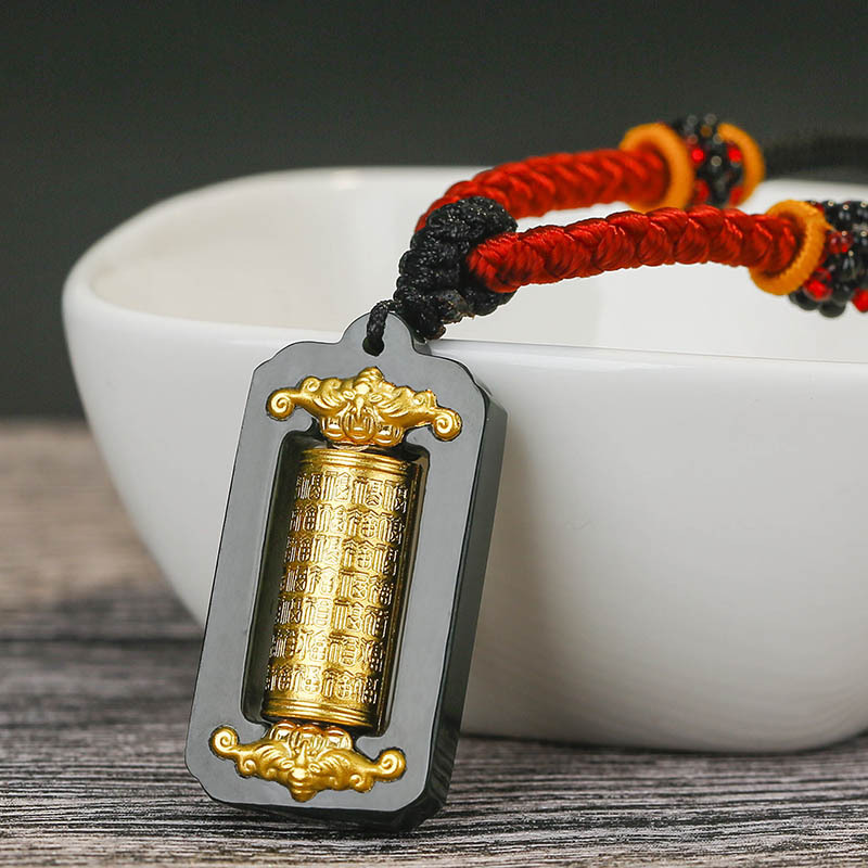 足金镶玉和田玉墨玉转运筒男女吊坠项链玉佩百福观音佛挂件