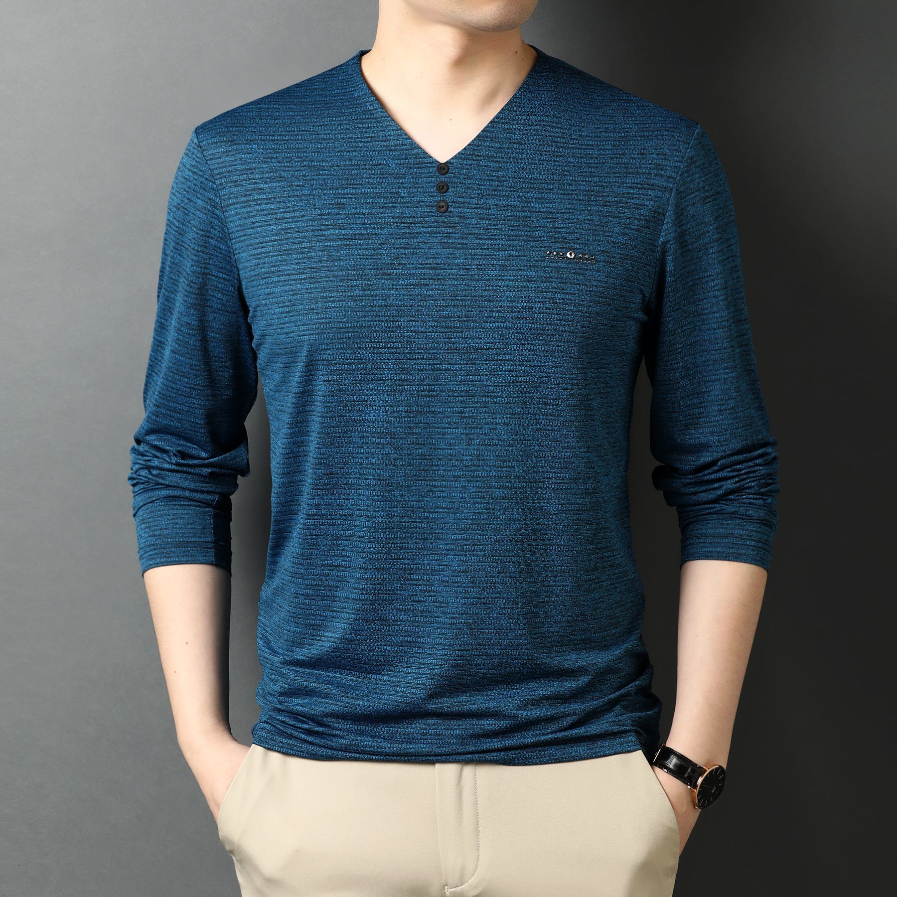 2020秋季新款男士长袖t恤衫 男时尚商务潮流纯色打底衫 男装衣服