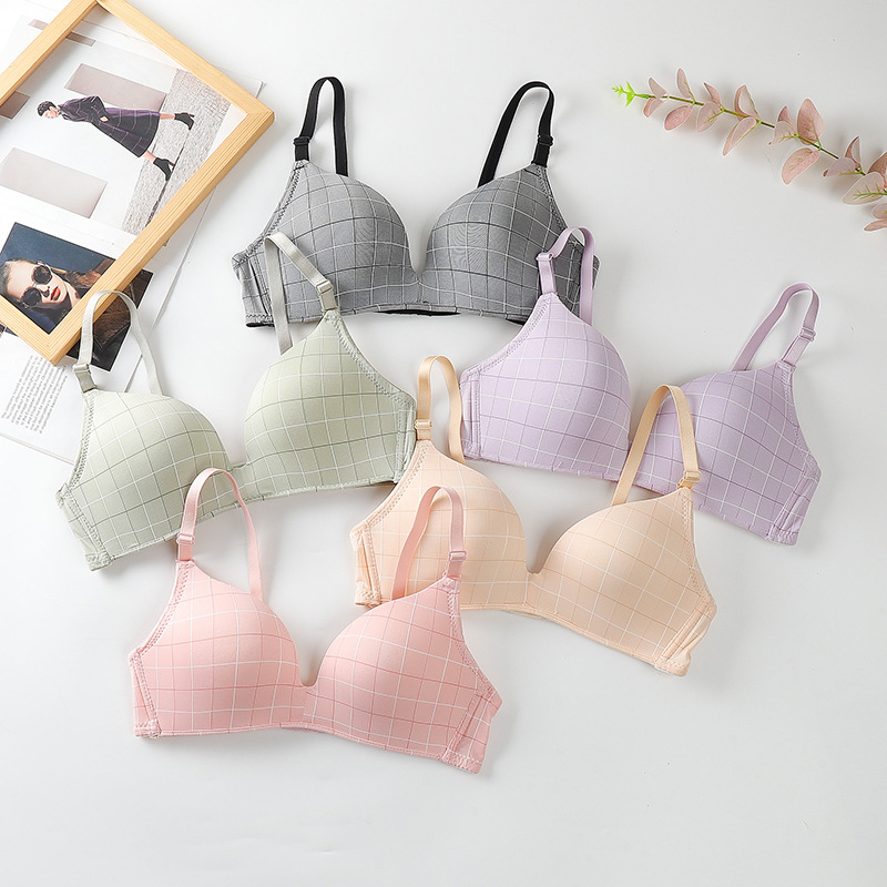 新款英伦风格子印花无痕内衣无痕文胸少女文胸无钢圈文胸时尚