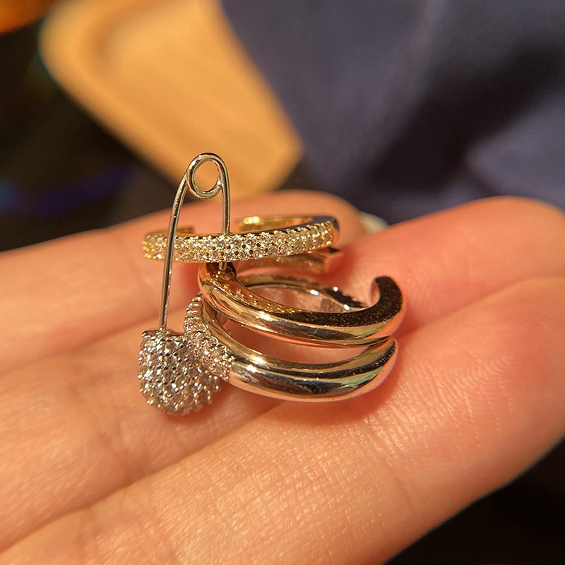 三色多层回形针别针耳夹无耳洞耳饰个性情侣小众蹦迪ins潮人满钻