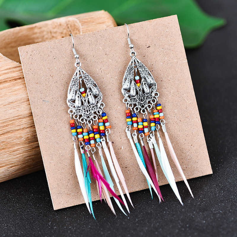 2023 New Fashion Retro Hollow Long Feather Earrings European and American Colorful Bead Tassel Earrings Bohemian