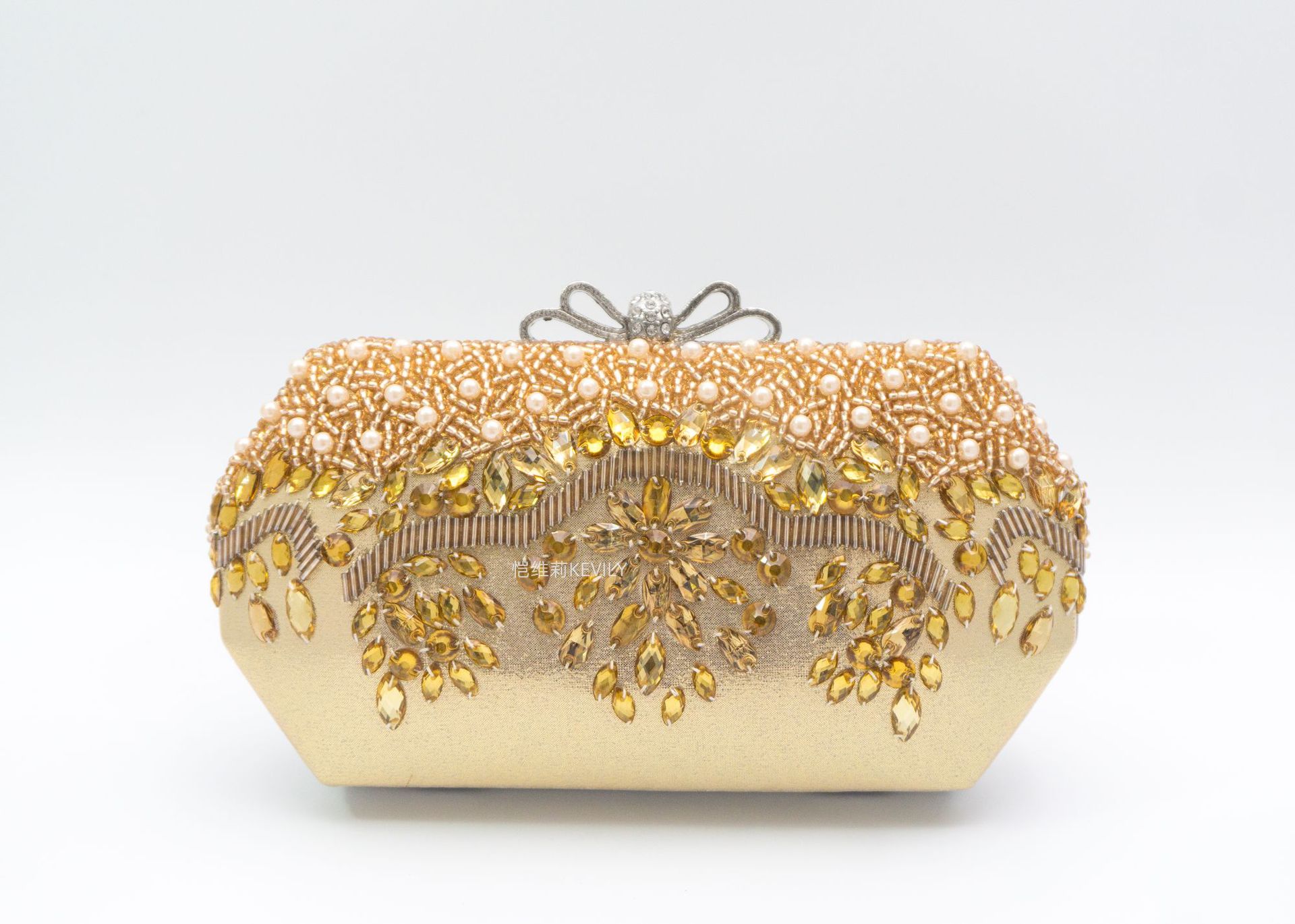 恺维莉蝴蝶结珍珠玻璃钻晚宴包手工珠绣气质宴会晚礼服包派对手包