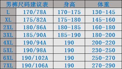 休闲裤男尺码建议表