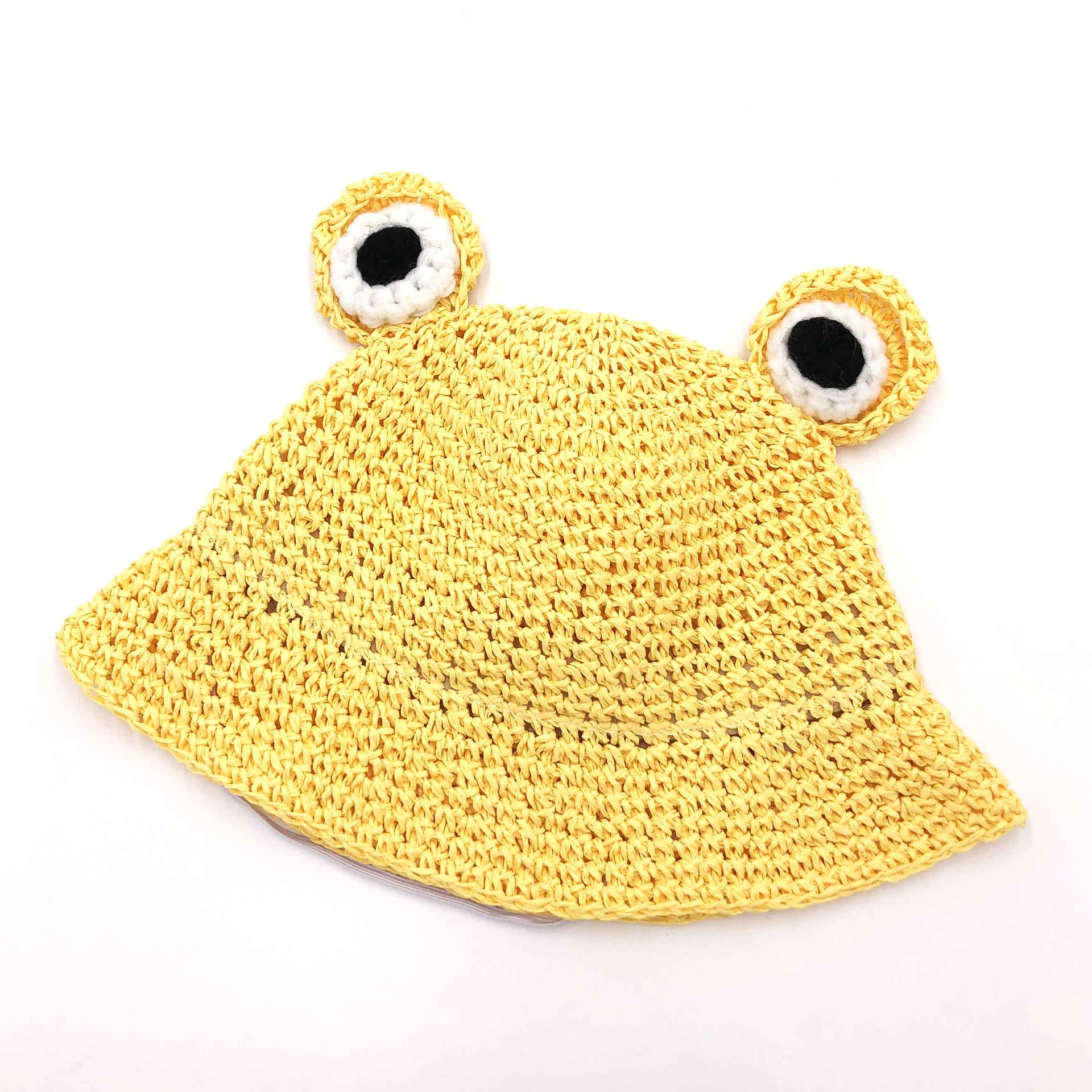 新款夏季儿童草帽可爱青蛙沙滩帽户外透气盆帽系带遮阳帽手工编织