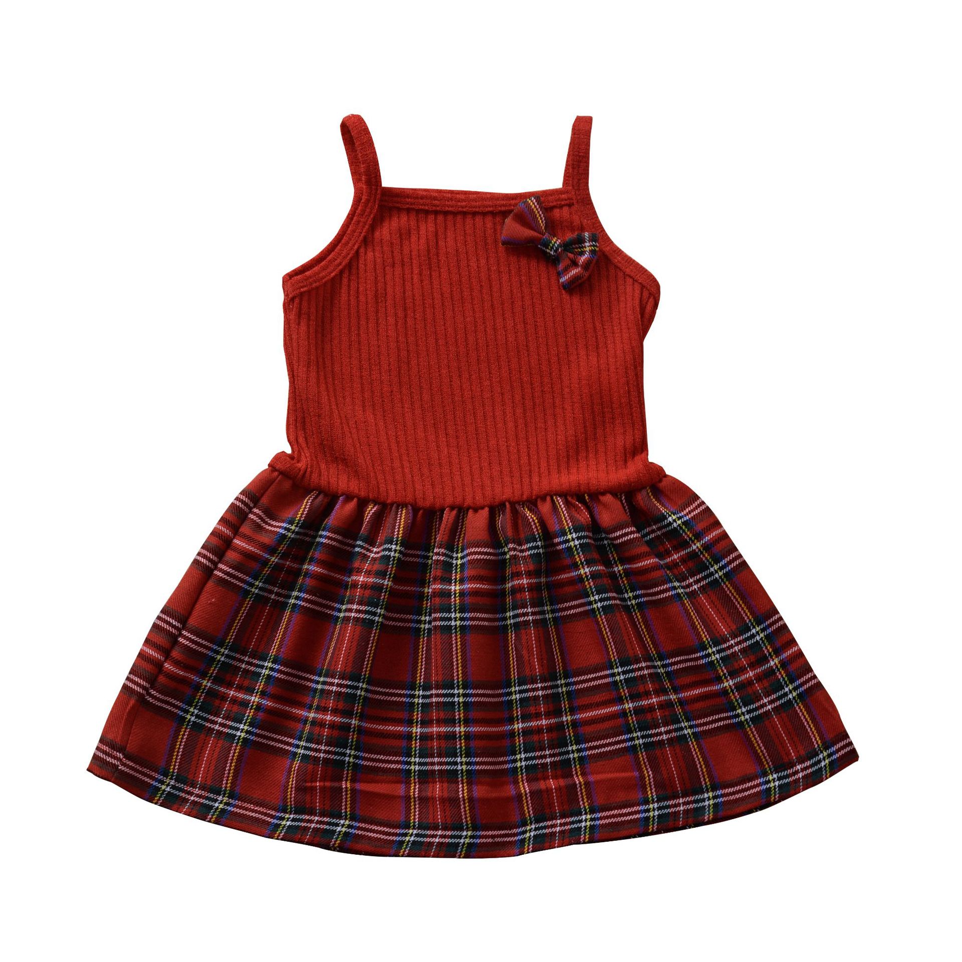 a103女童连体衣新品跨境童装夏季女童无袖肩带蝴蝶结格子拼接童裙-阿