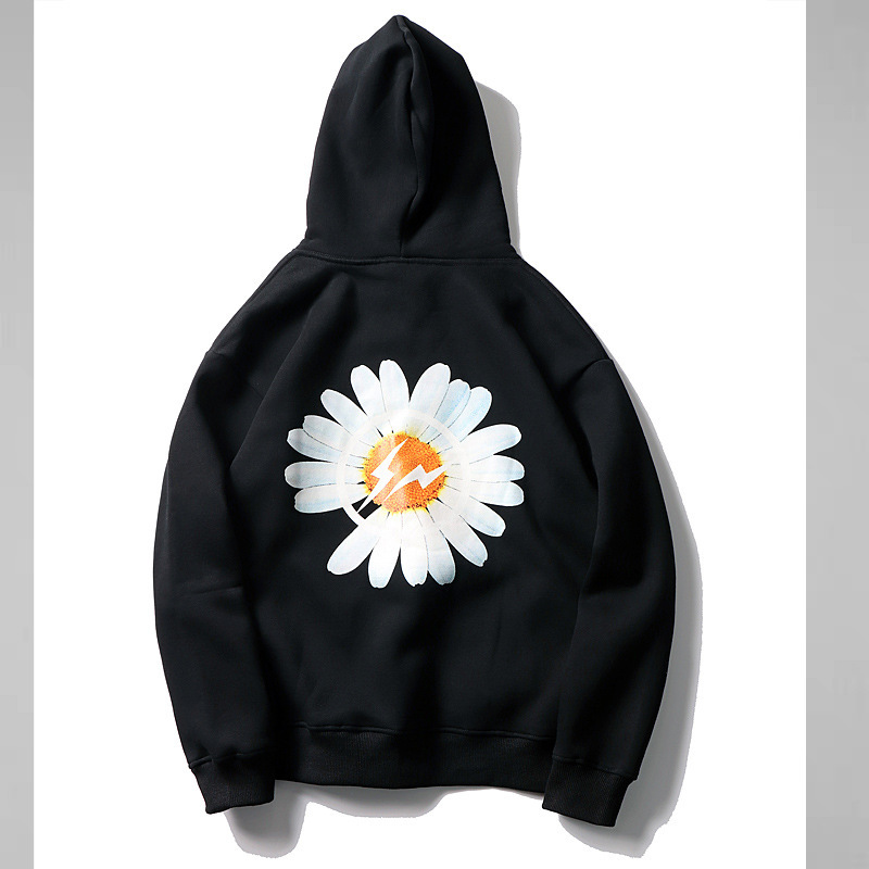 欧美原创街头潮牌gd权志龙同款雏菊连帽加绒菊花卫衣情侣套头帽衫