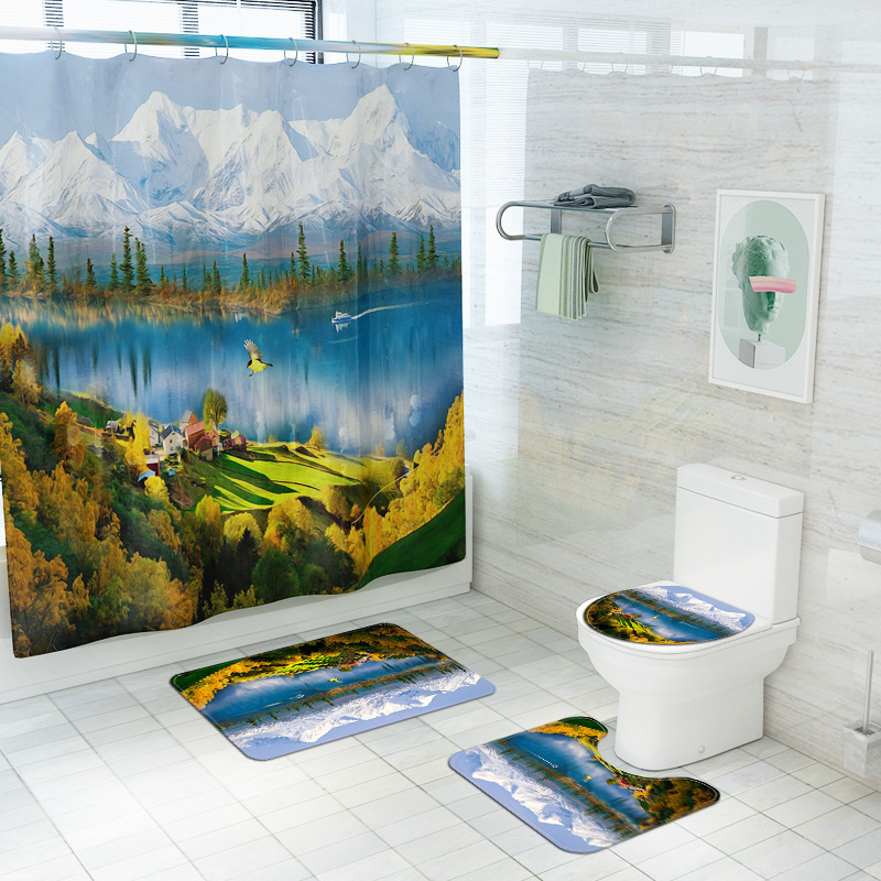 Snow Mountain Reflection Printing Toilet Floor Mat Shower Curtain Four-Piece Set Toilet Seat Cover Bathroom Non-Slip Mat Set Foreign Trade Hot Sale