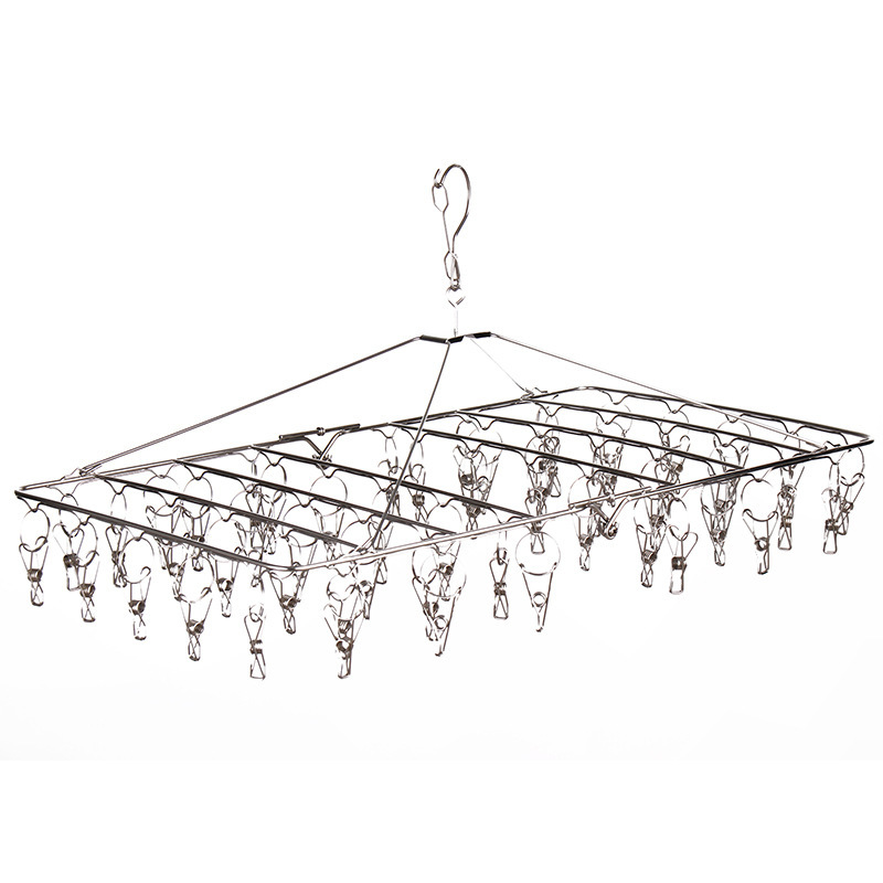 不锈钢方形折叠晾晒衣架实心4mm无磁多夹防风衣架收纳神器30/52夹