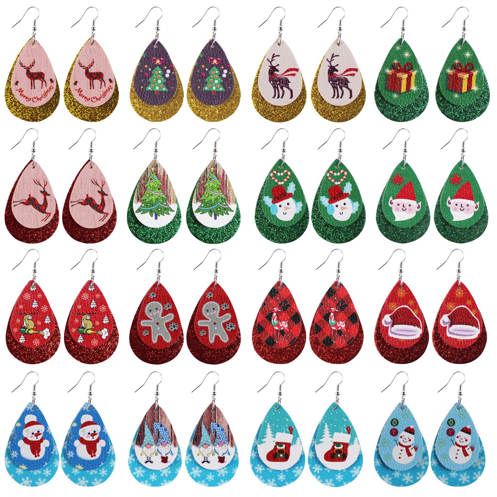 Christmas Leather Double-Layer Earrings Santa Claus Christmas Tree David's Deer Snowman European and American Festivals Cross-Border Amazon