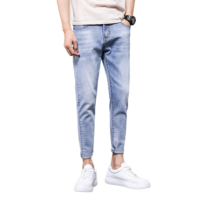 20223 New Trendy Men's Jeans Cropped Simple Casual Men's Trousers Skinny Thin Korean Style Pants Men