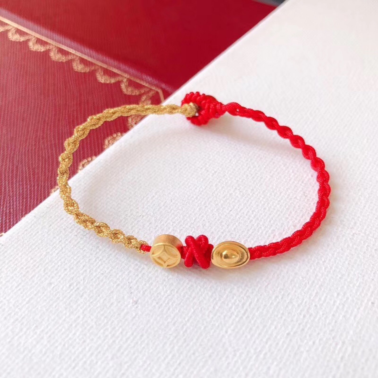 元宝黄金手链红绳编织手绳999足金首饰3d硬金招财钱币 闺蜜礼物