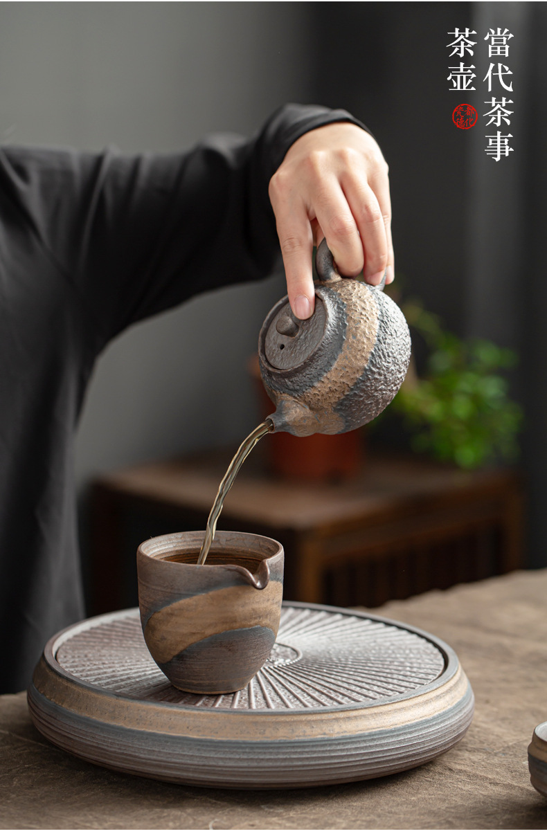 古早烧 提梁壶陶瓷功夫茶壶手工复古锤纹粗陶茶具西施小茶壶单壶