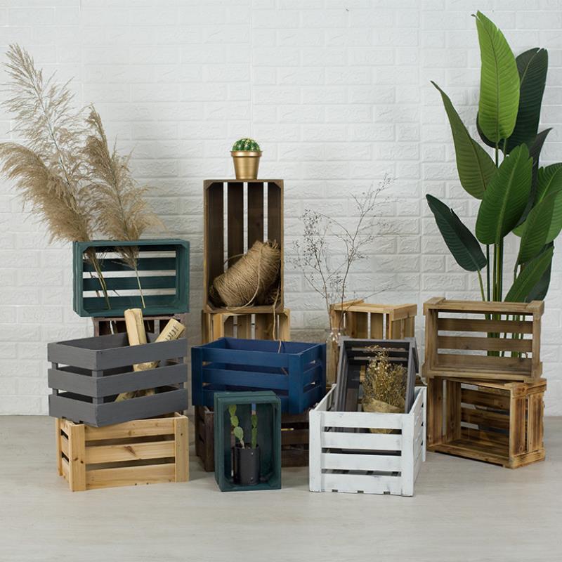 复古长方形旧木箱子实木收纳木框箱组合装饰木条箱陈列道具板条箱