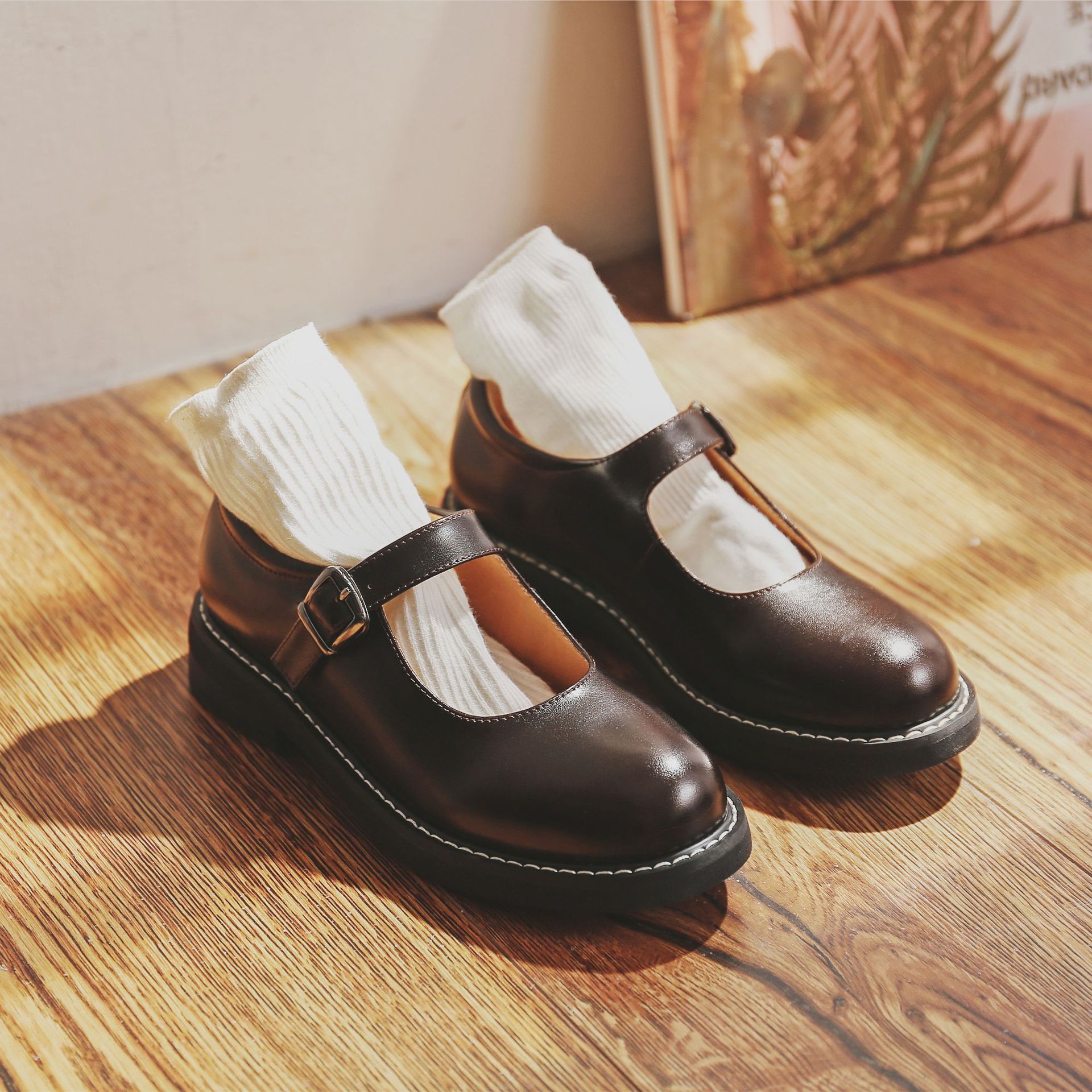 小皮鞋女洛丽塔一字扣百搭圆头玛丽珍鞋女厚底日系小皮鞋范顺269