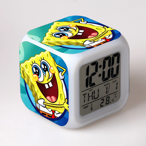 外贸电商货源卡通海绵宝宝闹钟儿童积分换购礼品七彩闹钟四方钟