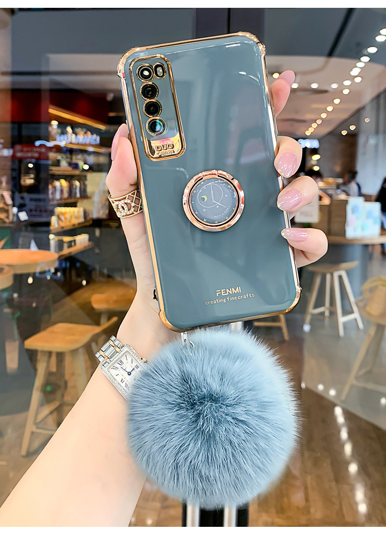 华为nova7手机壳秋冬毛球nova7pro电镀适用nova7se硅胶带支架5g版