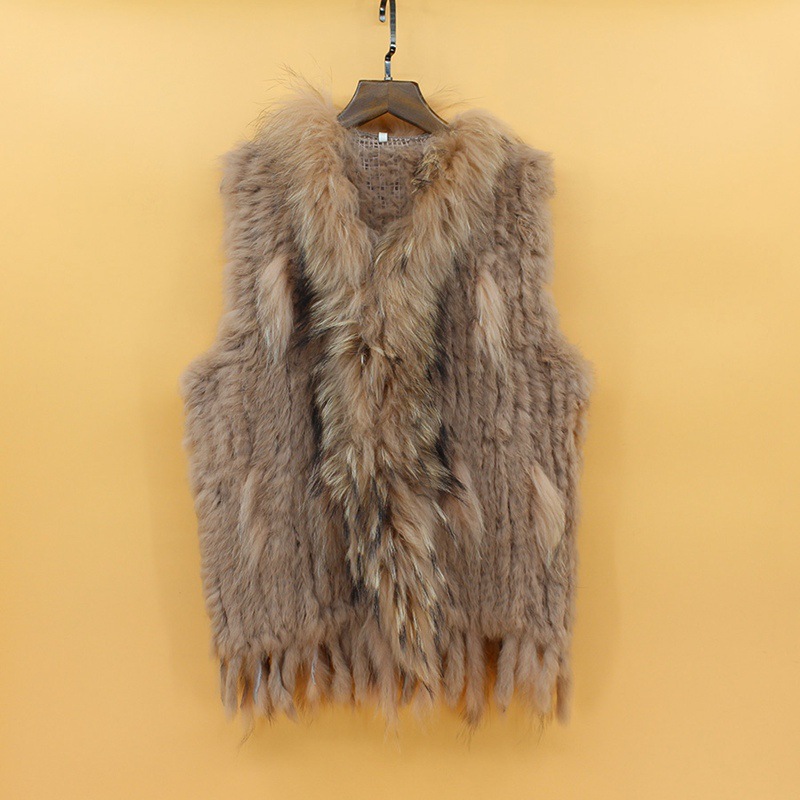 欧美外贸爆款编织兔毛马甲貉子毛领海宁真皮草时尚流苏背心外套