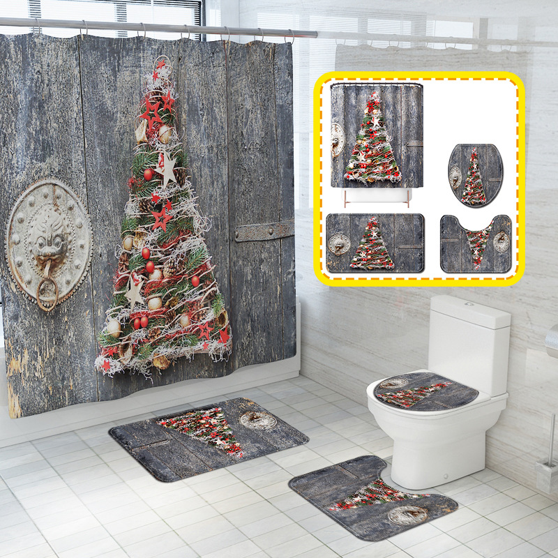 Hot Exclusive for Cross-Border Christmas Elements Printed Mat Four-Piece Set Red and White Background Christmas Tree Waterproof Shower Curtain DIY Pattern