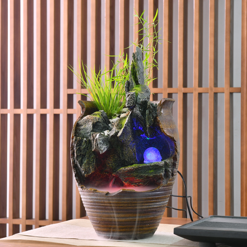 微景观桌面假山流水喷泉盆栽装饰办公桌茶室会所景观陶罐流水装饰