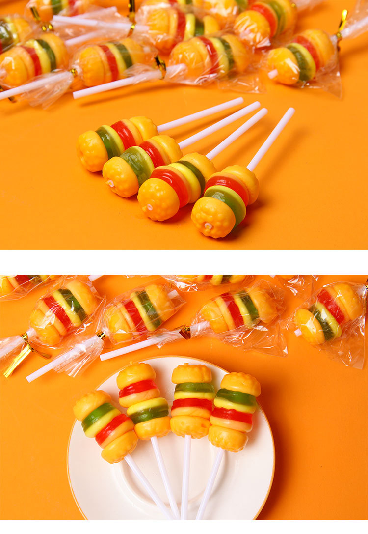 汉堡棒棒糖串串果汁橡皮糖水果果汁糖果儿童零食小吃桶装