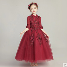 2020年春季儿童拖尾礼服 儿童红色蕾丝礼服公主裙 女童婚纱蓬蓬裙